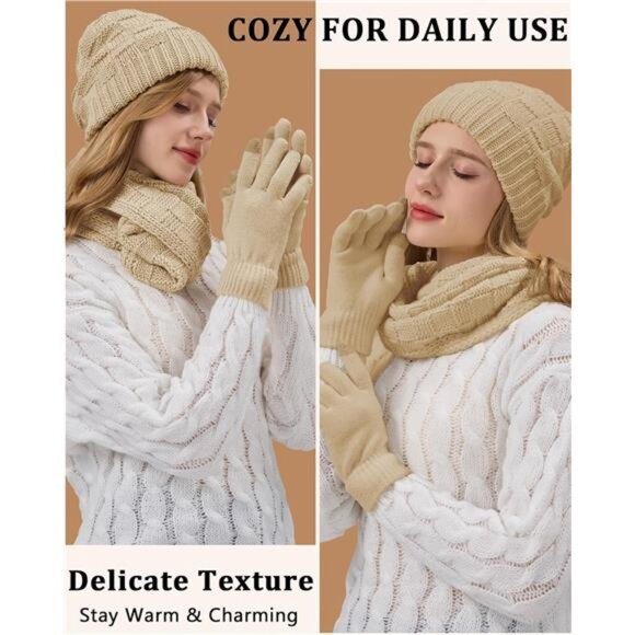 Women\'s 3 In 1 Set Winter Warm Beanie Hat Touchscreen Gloves Scarf Set